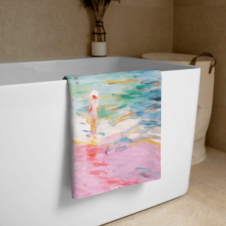 PASTEL SHORES BEACH TOWEL – 30"x60", COTTON TERRY BACK, IMPRESSIONIST COASTAL SCENE product image (2)