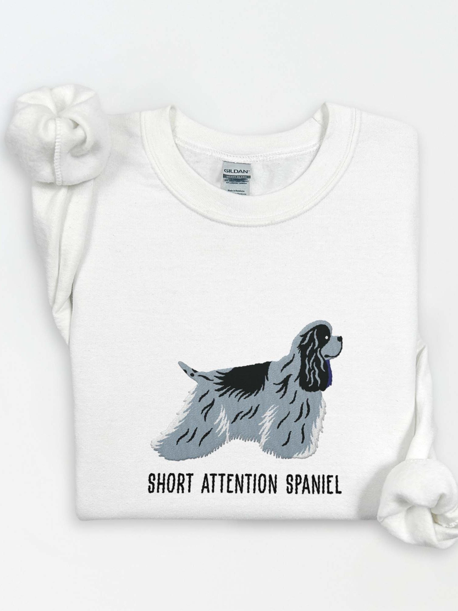 Short Attention Spaniel Sweatshirt (Embroidered) of an American Cocker Spaniel(Blue Roan) product image (1)