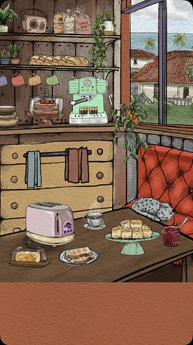 Cozy mornings come to life in this vintage-inspired kitchen scene with rustic details, warm tones, and a serene ocean view, t...