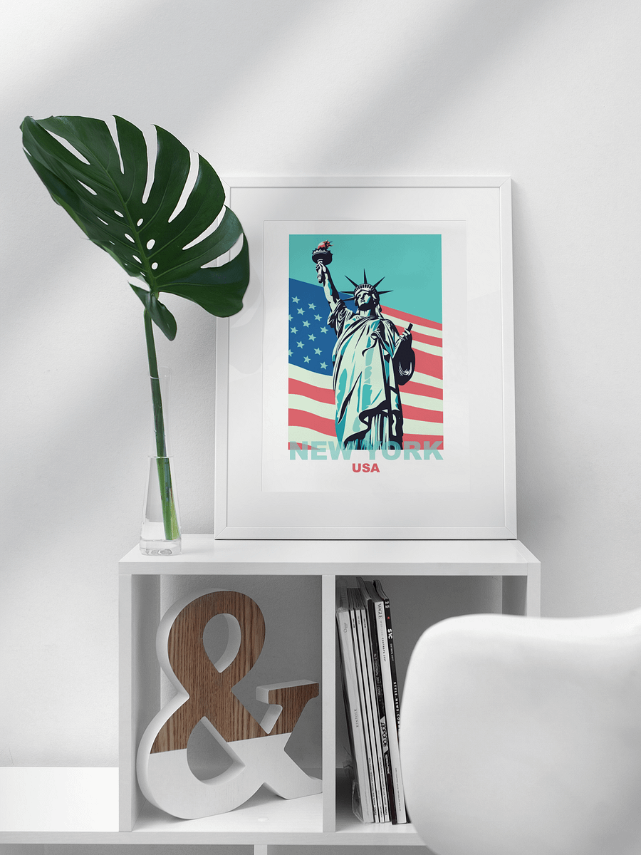 Statue of Liberty with American Flag Poster, Patriotic New York USA Wall Art, Iconic Landmark Print, Bold Graphic Travel Decor product image (3)