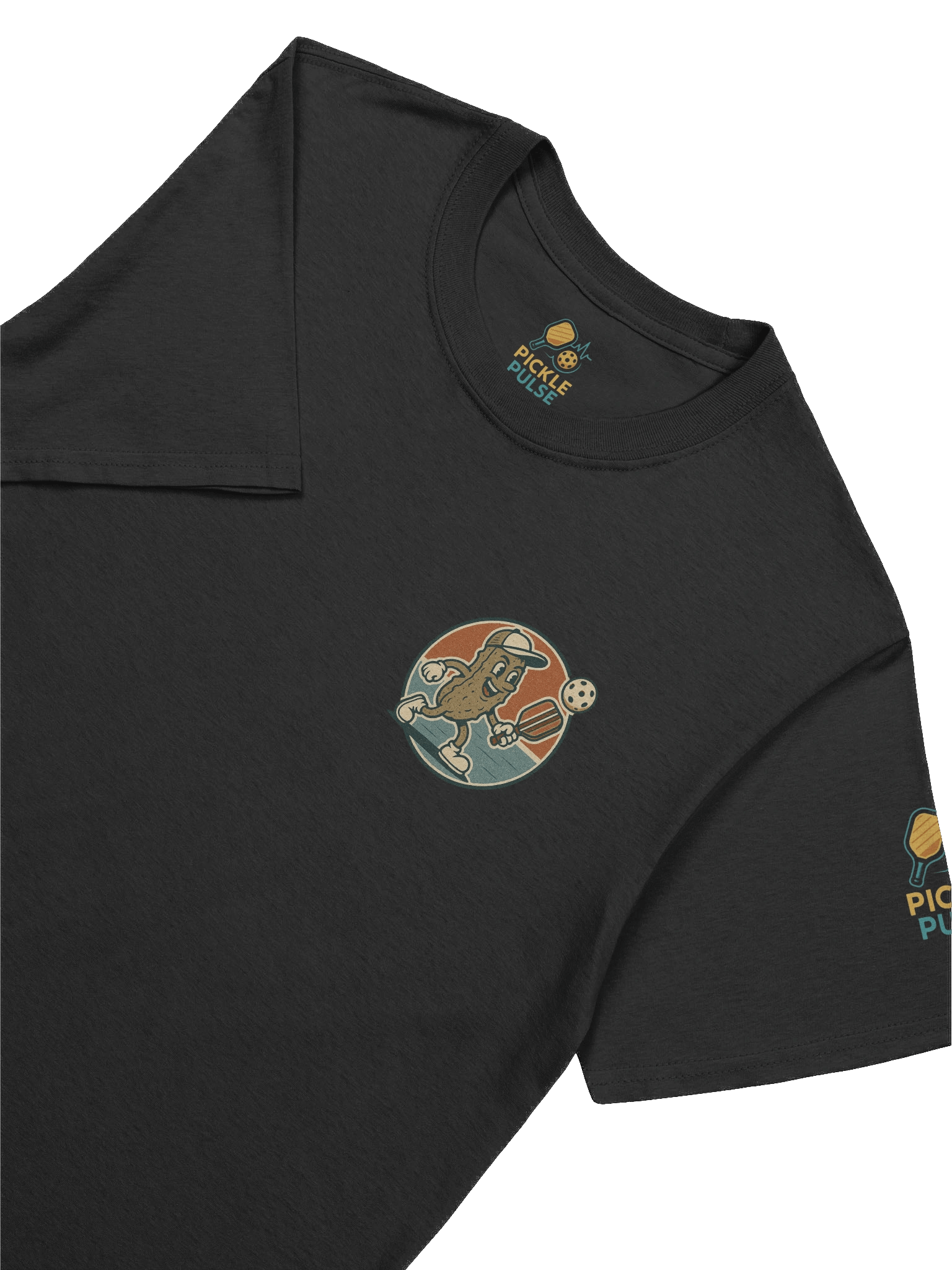 Funny Pickleball T-Shirt – Retro Pickle Character Playing with Paddle & Ball – Black Tee product image (7)