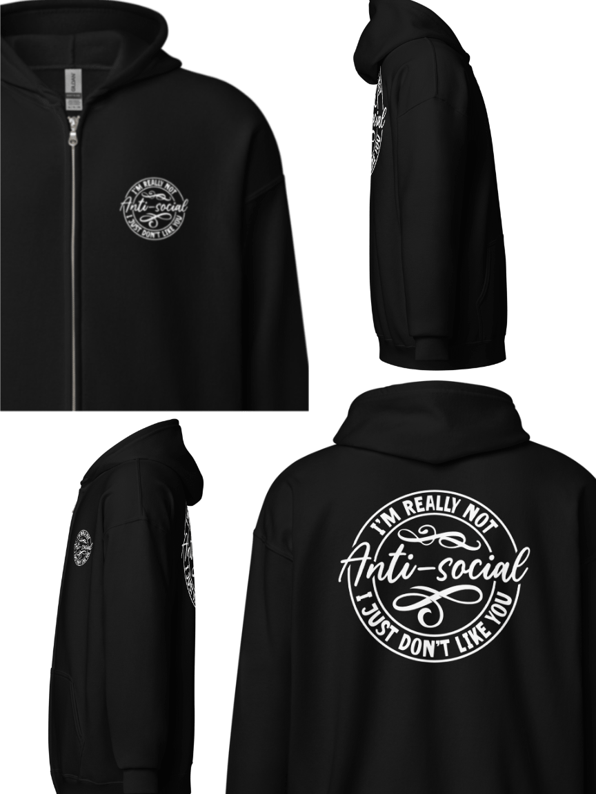 Anti-Social I Don't Like You Zip Up Hoodie (Front & Back) product image (1)
