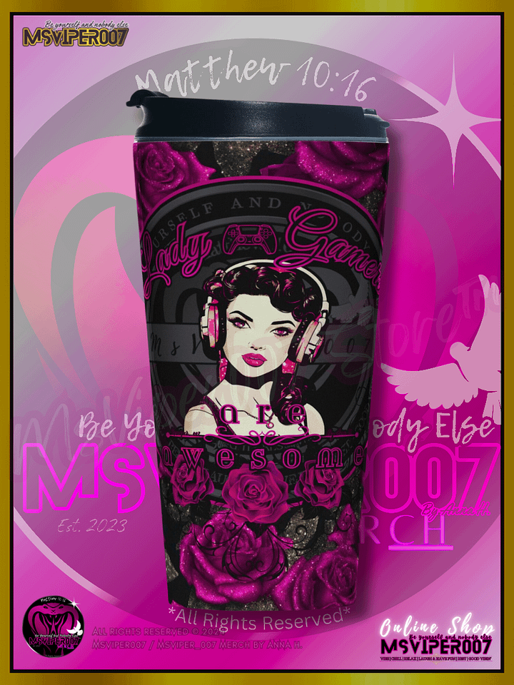Travel Mug - MsViper007's "Lady Gamers Are Awesome™ [black/velvet violet rose | V3]" Hot or Cold Beverage Stainless Steel Travel Mug by Anna H. product image (1)
