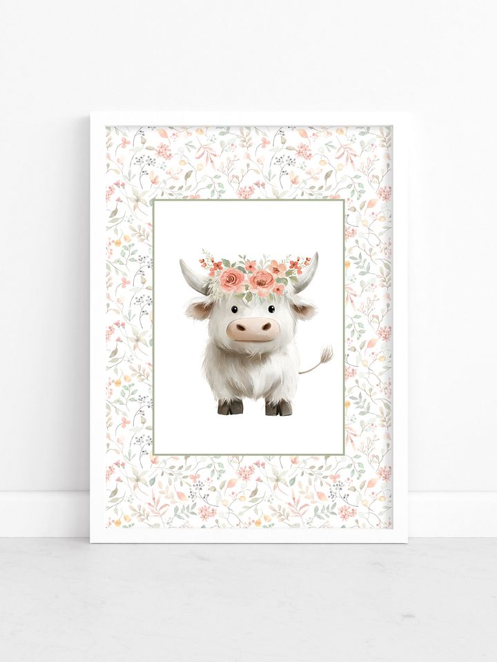 Cute White Highland Cow with Florals Nursery Print product image (1)