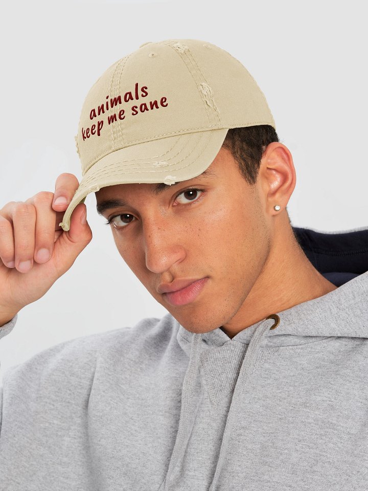 Khaki Distressed Dad Hat – Vintage-Style Maroon Embroidered Cap for Animal Lovers product image (2)