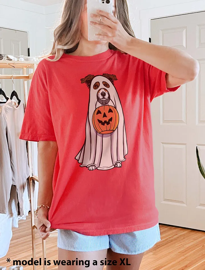 Funny Halloween Australian Shepherd(Red Tricolor)T-Shirt | Funny Aussie Wearing a Ghost Costume and Holding a Pumpkin Basket product image (10)
