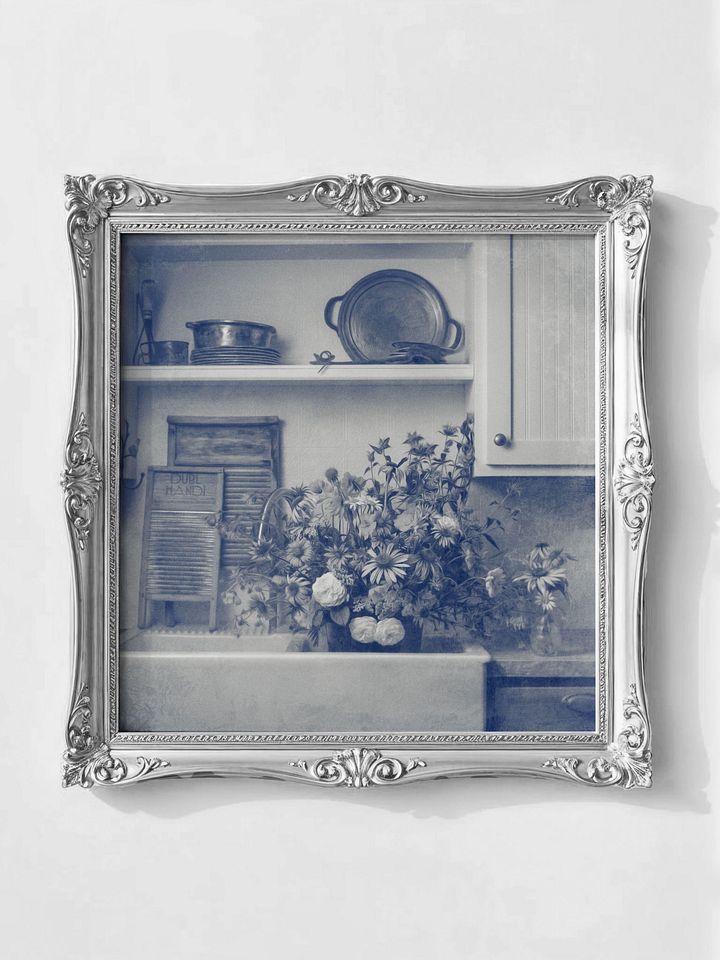 Flowers in Farmhouse Sink, Vintage Blue Monochrome Square (Printable) product image (1)