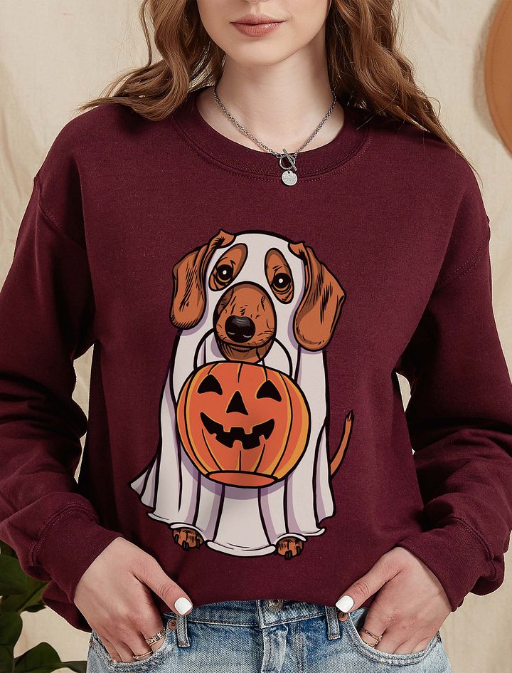 Funny Halloween Dachshund(Tan) Sweatshirt | Funny Doxie/Wiener Wearing a Ghost Costume and Holding a Pumpkin Basket product image (10)