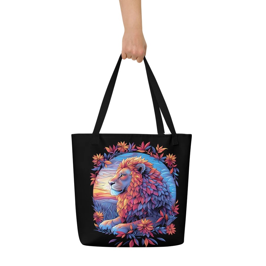 Tote Bag: Tranquil Lion Sunset Backdrop Quiet Courage Stylish Floral Art Style Design product image (6)