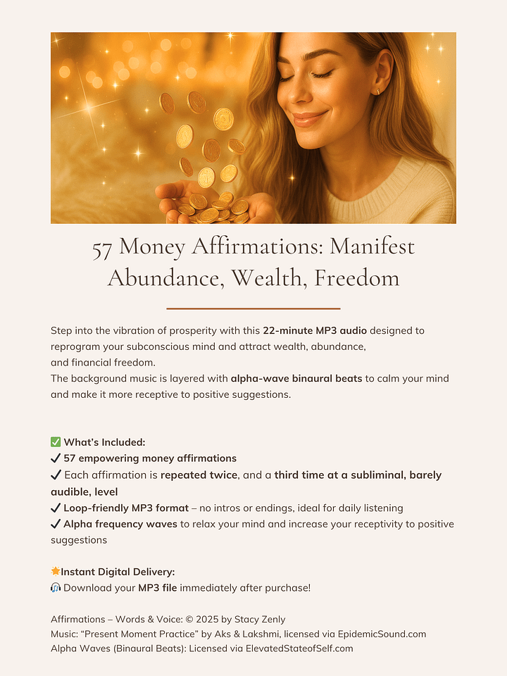 57 Money Affirmations: Manifest Abundance, Wealth & Freedom | MP3 Audio Download product image (2)