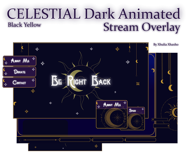 SIMPLE Dark STREAM OVERLAY Celestial, Dark overlay pack, Celestial Animated Overlay, Stream overlay pack, Black and gold Overlay product image (1)