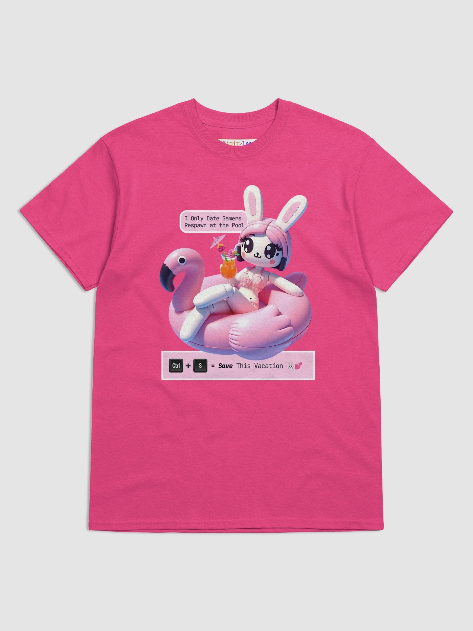 Flirty Bunny Gamer T-Shirt – Funny Poolside Geek Tee with Flamingo Float & Cocktail | Nerd Summer Vibes product image (2)