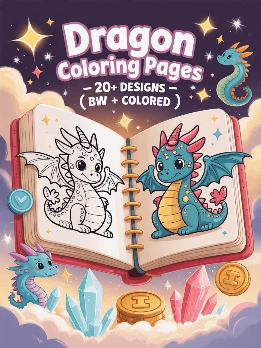 Cute Dragon Coloring Pages | 20+ Fantasy Designs | Black & White + Colored Reference Pack product image (1)