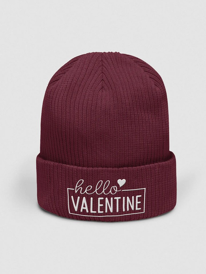 Hello Valentine Embroidered Organic Cotton Ribbed Beanie (White Text) product image (1)