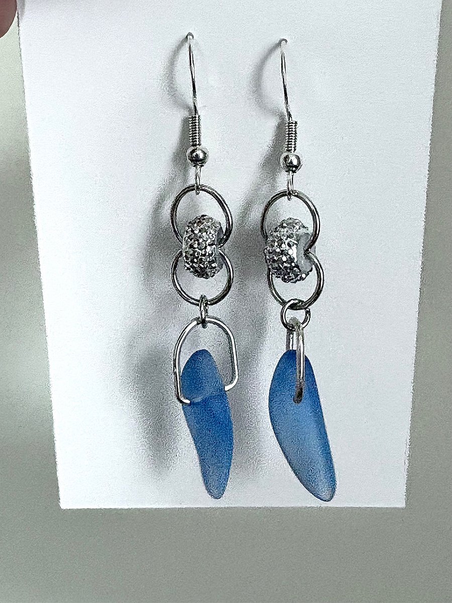 Sea Glass Drop Earrings | Medium Blue & Silver Sparkle Beads | Handmade Coastal Charm Jewelry by Monique Faella Designs™ | MFD-00110 product image (1)