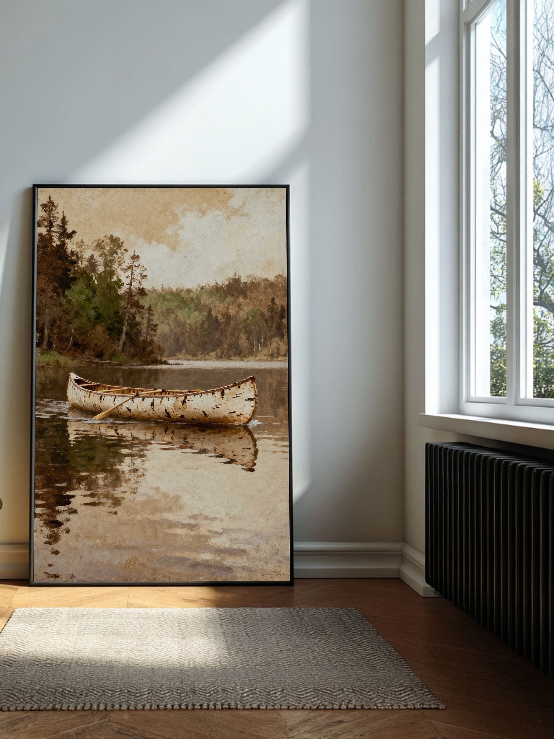 Canoes on the River Wall Art Printable | Native Inspired Digital Download | Reflective Water & Forest Landscape | 5 Sizes + PDF product image (3)