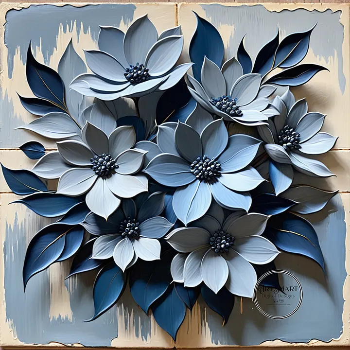 Seamless Pattern - Painted Floral Tile Pattern 1 in Shades of Blue and White product image (1)
