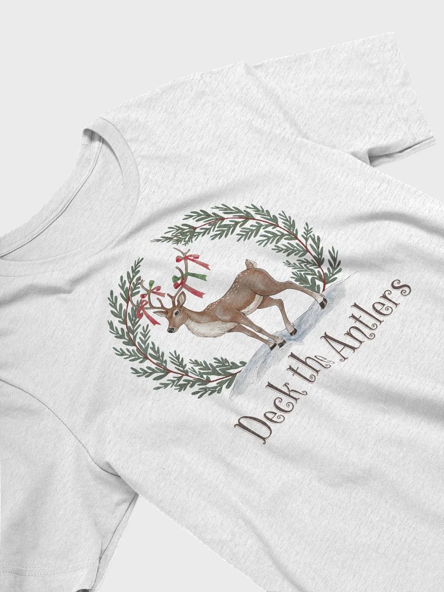 “Deck the Antlers” t-shirt, Holiday-themed t-shirt, Whimsical deer graphic tee, Festive winter apparel, Charming Christmas design, Cozy holiday outfit, Unique gifts for animal lovers, gift idea product image (3)