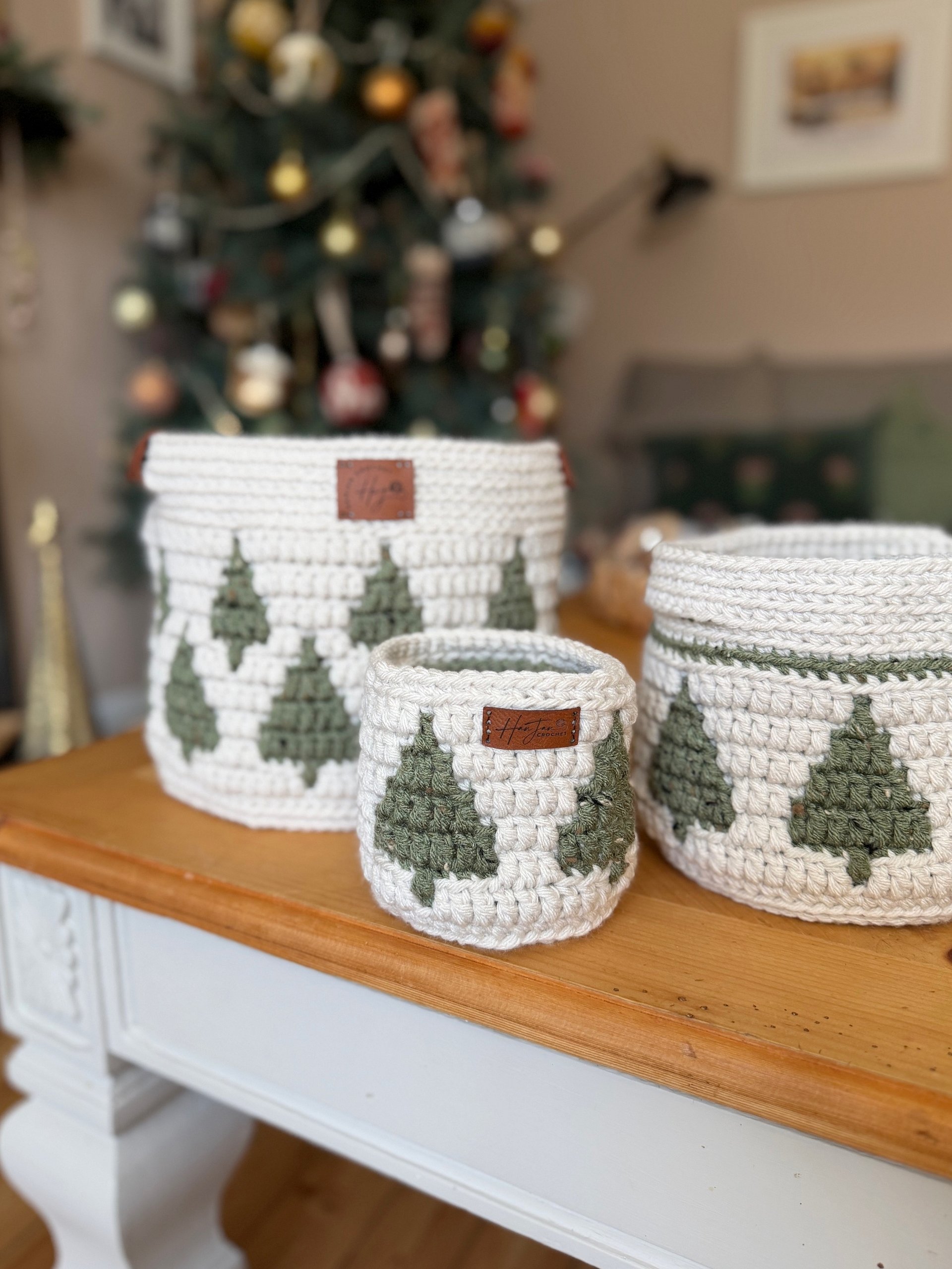 CROCHET PATTERN + VIDEO — Twinkling Trees Mosaic Crochet Baskets — 3 Nesting Sizes storage, gift, plantholder, Charts Included in PDF product image (7)
