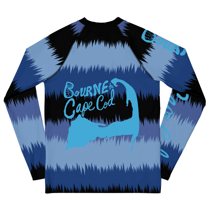 YOUTH | Rash Guard | BRN.2C.C.™ Front Graphic | BOURNE to Cape Cod™ Sleeve & Back Logo | Coastal Swim Shirt for Kids | UV Protection Activewear | Blue Logo on Soundwaves product image (2)