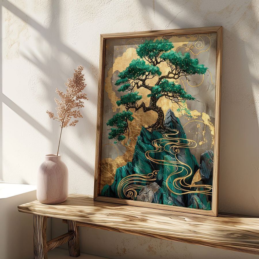 Emerald Green& Gold Kintsugi Bonzai Tree Japanese Art Print product image (24)