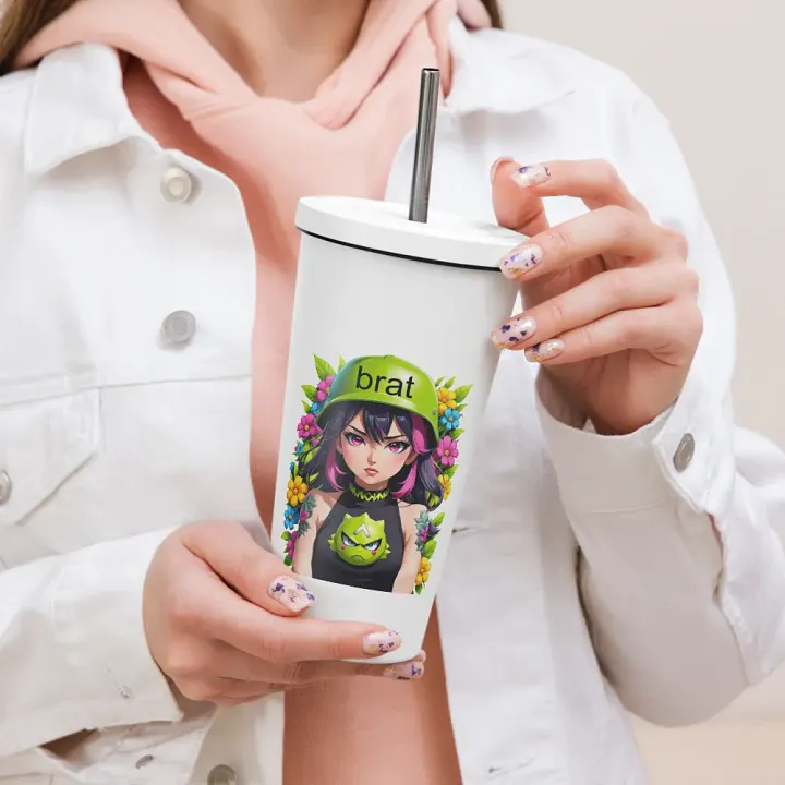 Brat 20 oz Tumbler Cup - White - Insulated Tumbler with a Straw v6 product image (2)