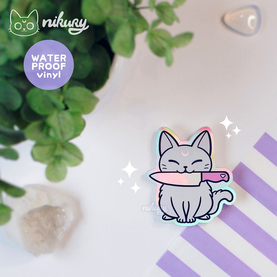 Holographic White Stabby Cat Sticker product image (3)