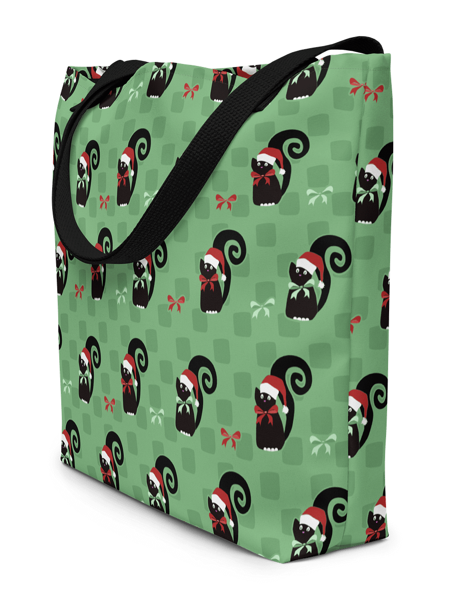 Black Christmas Kitties On Mint Green Checkerboard – Large Tote Bag product image (3)