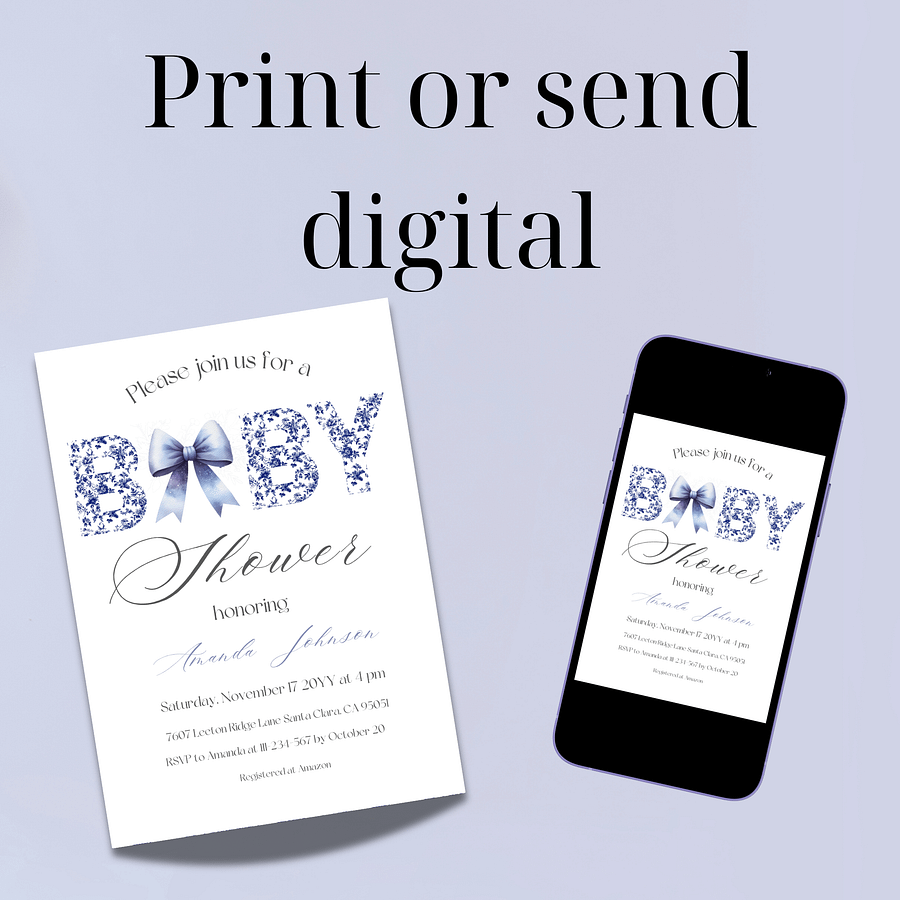 Minimalist Blue Toile de Jouy and Bow Baby Shower Invitation, Chinoiserie Floral Theme, Boy Baby Shower Invite for Digital Download product image (9)