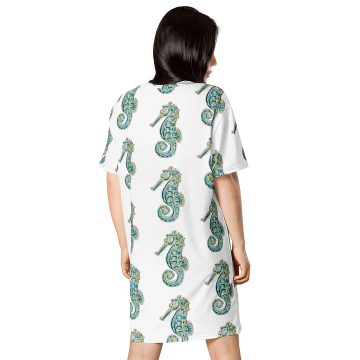 Women's | Ocean Majesty | Painted Seahorse | T-Shirt Dress | Coastal Oversized Dress | Ocean-Inspired Casual Style | White Background product image (2)