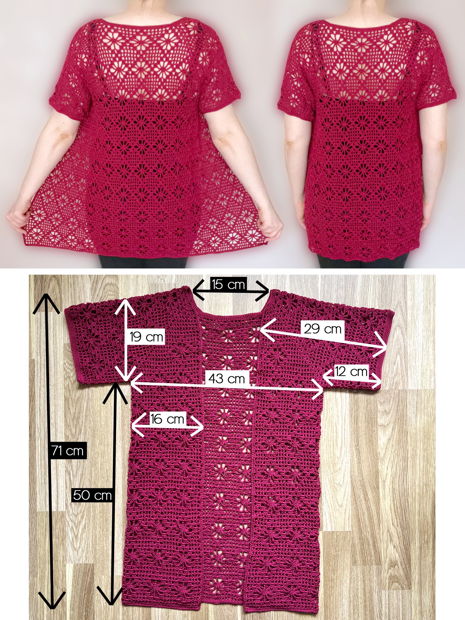 Crochet Pattern: Lacy Floral Diamond Kimono Cardigan, No Sew Pattern for size S/M/L product image (2)