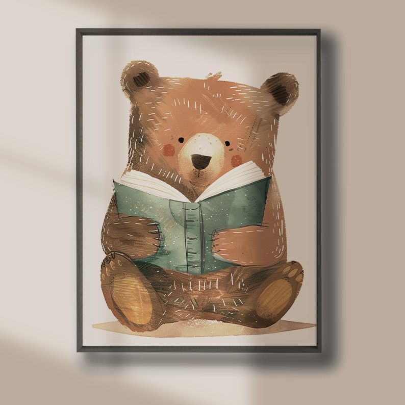 Cute Bear Reading a Book Watercolor Nursery Art Print product image (6)