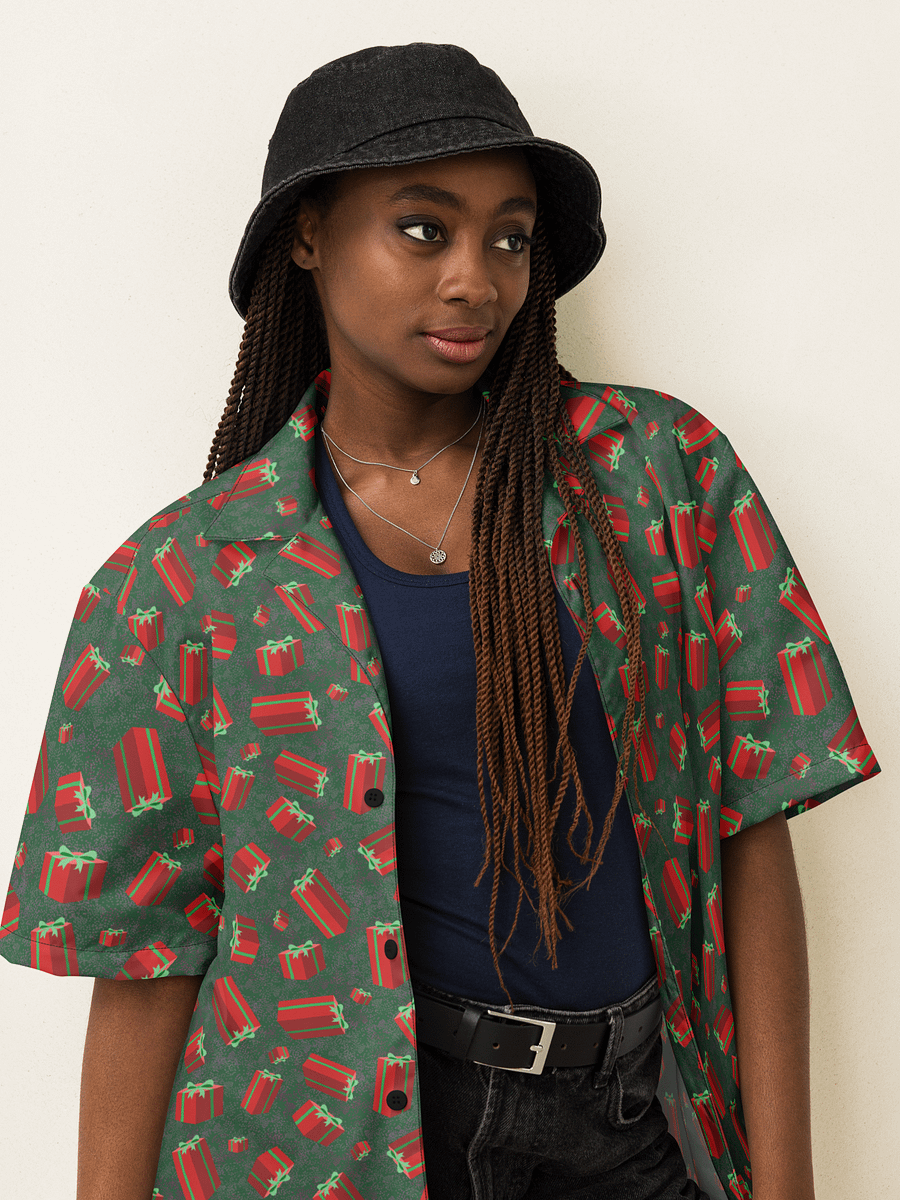 Floating Red Presents on Teal Green Oversized Button-Down Shirt product image (11)
