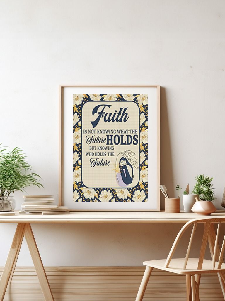 Faith is not Knowing" | Inspirational Printable Cross Stitch Pattern with Cream and Gold Flowers on Navy product image (2)
