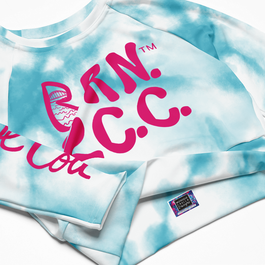 BOURNE to Cape Cod™ Crop Top | BRN.2C.C.™ Coastal Bold | Recycled Long Sleeve Statement Wear 🌊💃☀️ | Vibrant Pink Logos on Blue Tie-Dye product image (4)