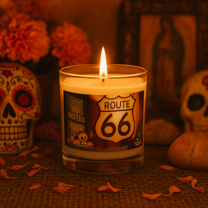 Route 66 Motel Candle – Día de los Muertos Inspired Travel Decor product image (1)