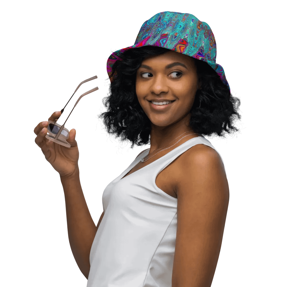 Trippy Sky Blue Abstract Retro Atomic Waves Bucket Hat product image (3)