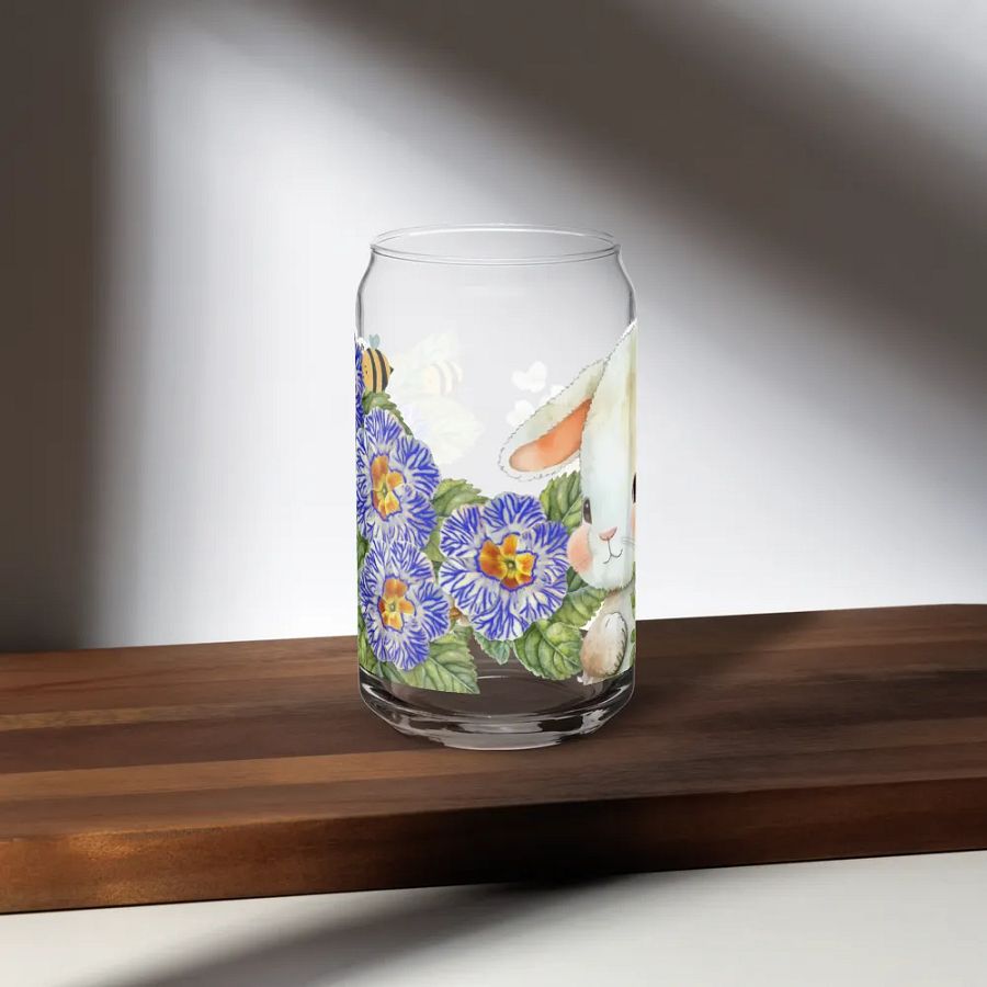 Garden Whispers: Bunny and the Primula Zebra Blues | 16oz Glass Can | Nature-Inspired Drinkware product image (5)