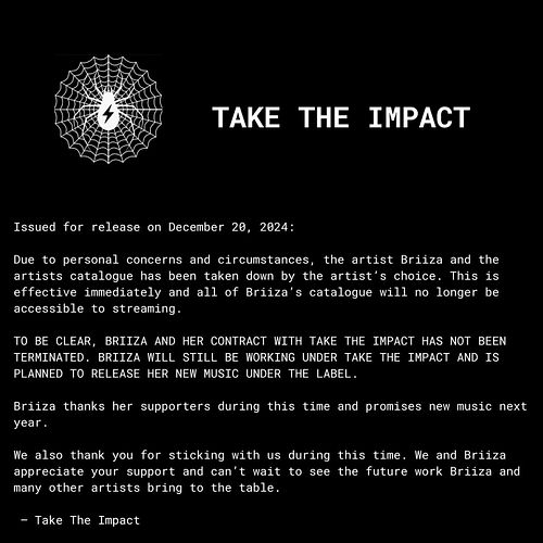 Issued for release on December 20, 2024:

Due to personal concerns and circumstances, the artist Briiza and the artists catal...