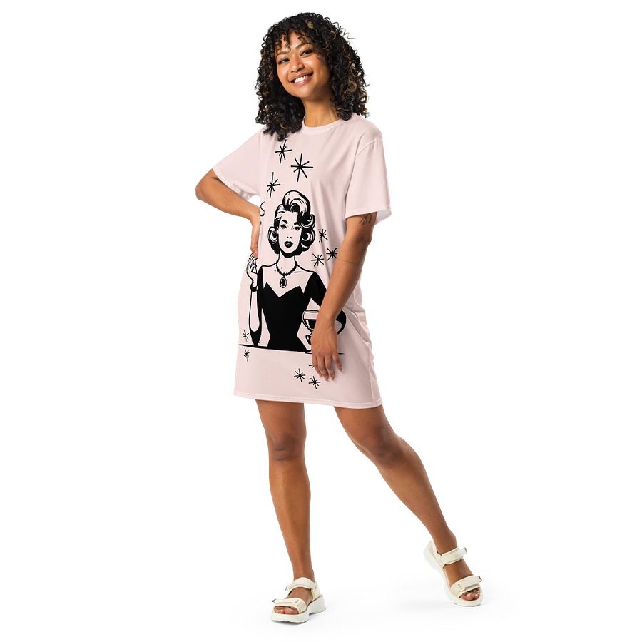 Retro Woman Drinking Wine T-Shirt Dress, Misty Rose product image (1)