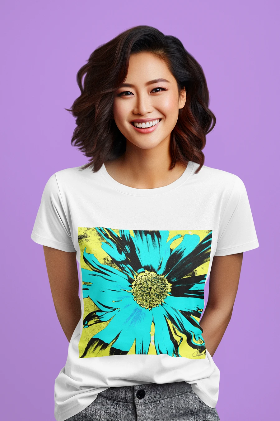 Abstract Yellow, Turquoise and Black Daisy Flower Ladies T Shirt product image (1)
