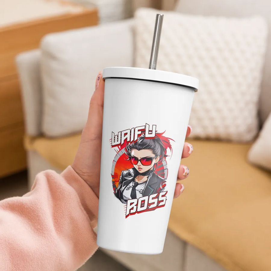 Waifu Boss 20 oz Tumbler Cup - White - Insulated Tumbler with a Straw v1 product image (3)