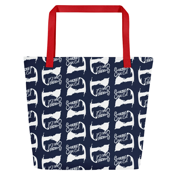 BOURNE to Cape Cod™ | Large Tote Bag with Pocket | Coastal Classic | All-Over Logo Print | White Logo Repeat on Navy product image (2)