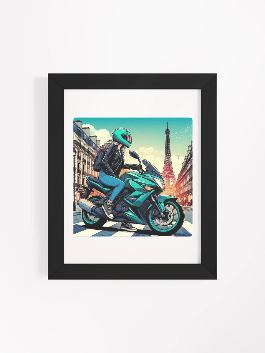 Vibrant Ayous Wood Framed Matte Poster | Biker women in Paris city France AIwork product image (4)