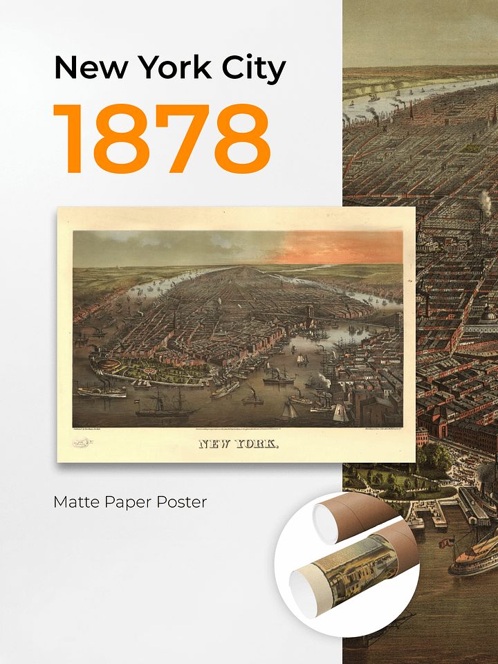 New York City 1878 Poster Print – Hand-Drawn Historic Map (Unframed) product image (1)