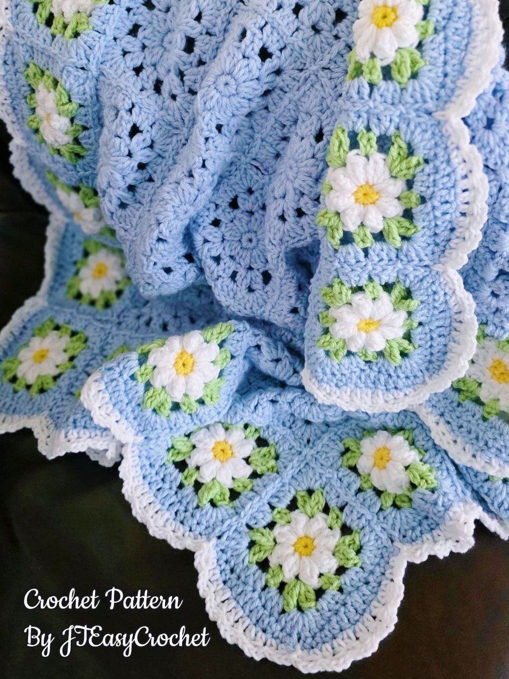 Easy Crochet Pattern & VIDEO, Blue Flower Granny Square Blanket With Daisy Border product image (6)