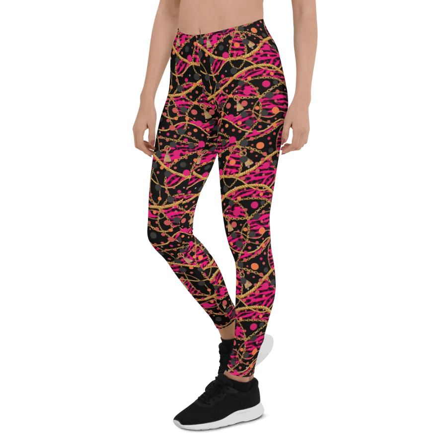 comfortable ladies leggings in funky arty red pink and gold design  on black design for those that  like the unusual. product image (6)