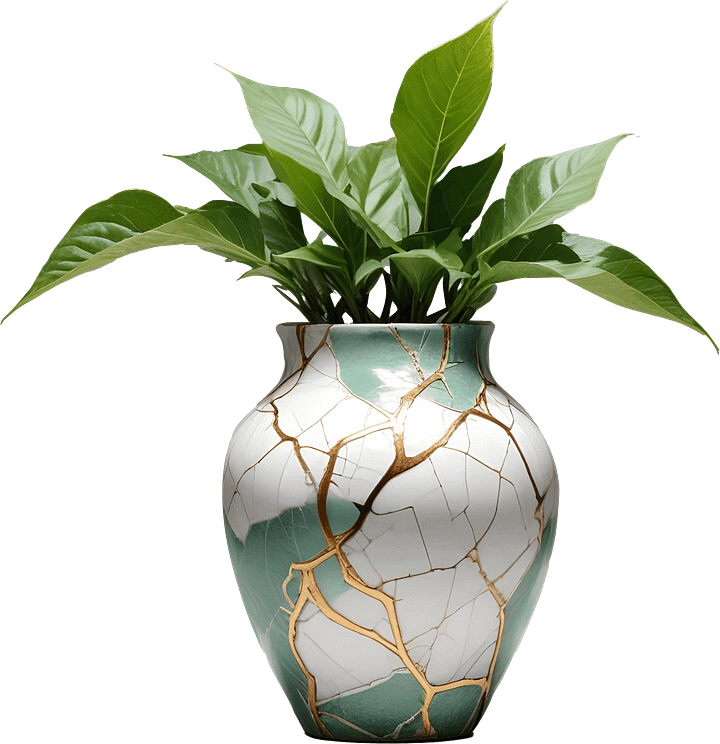 Kintsugi Serenity – Green and White Planter with Golden Cracks PNG product image (1)