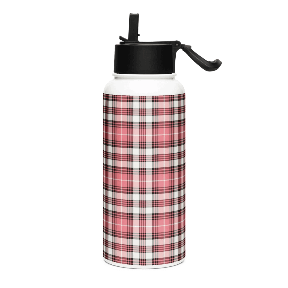Coral Pink, Black, and White Plaid Water Bottle product image (2)