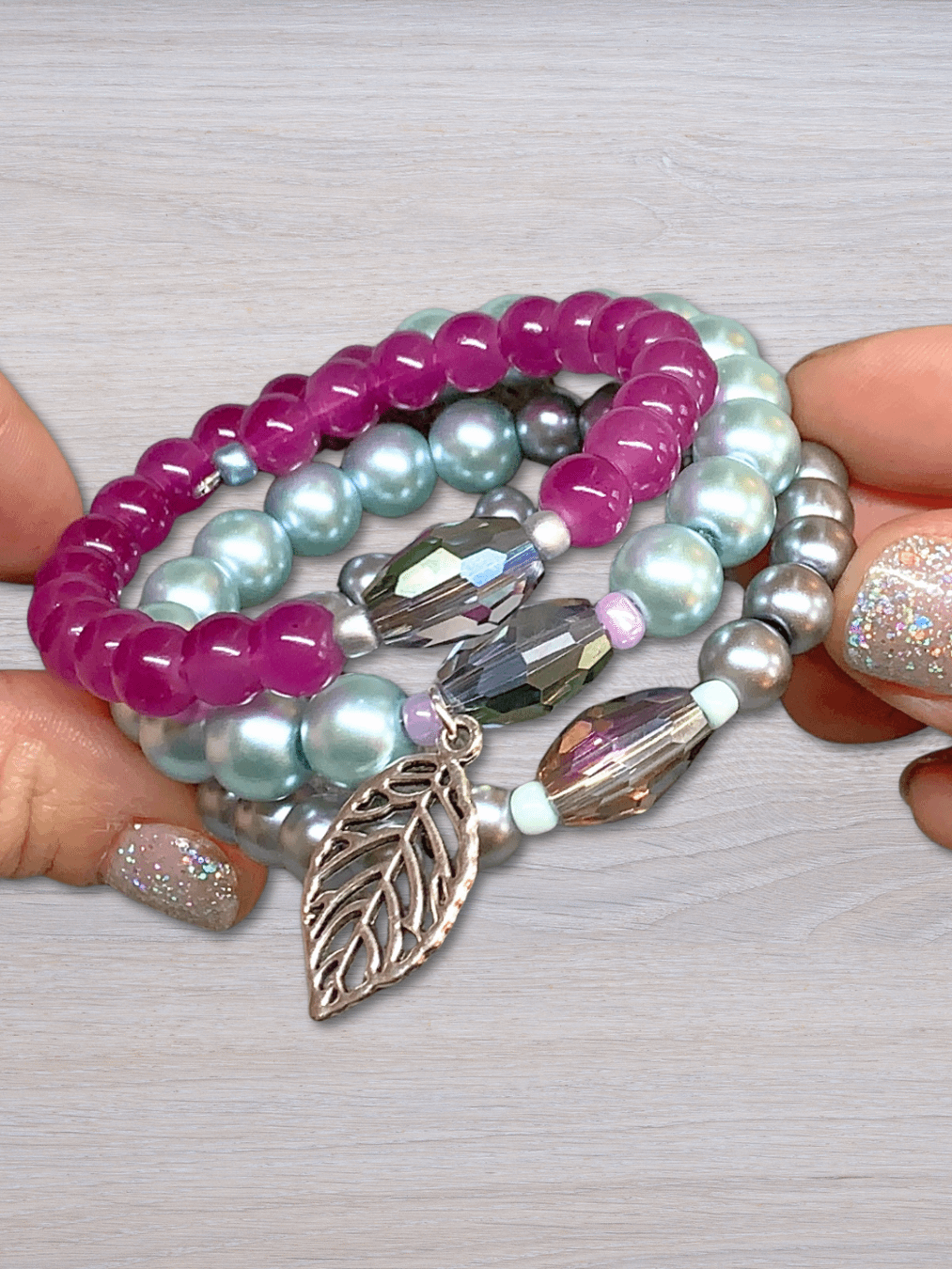 Beaded Glass Pearl Memory Wire Bracelet - Pink, Silver, Seafoam product image (3)